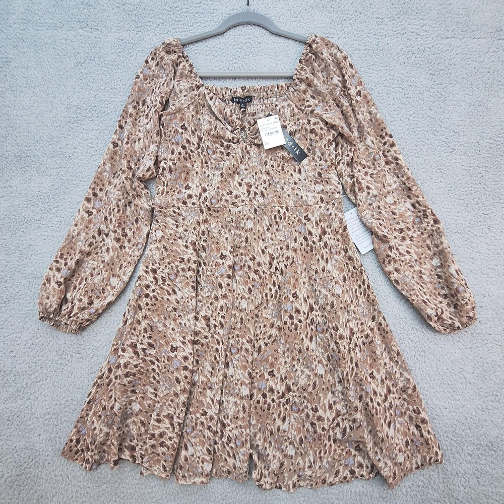 Kenedik Dress Womens Large‎ Mocha Chambray Animal Print Smocked Woodland Fairy